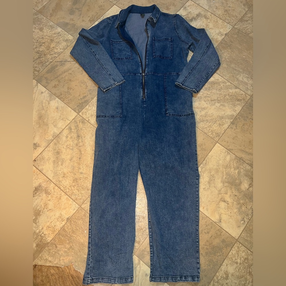 Wild Fable Denim Jumpsuit Blue Jean Utility Coverall Long Sleeve Size XL - Picture 2 of 7